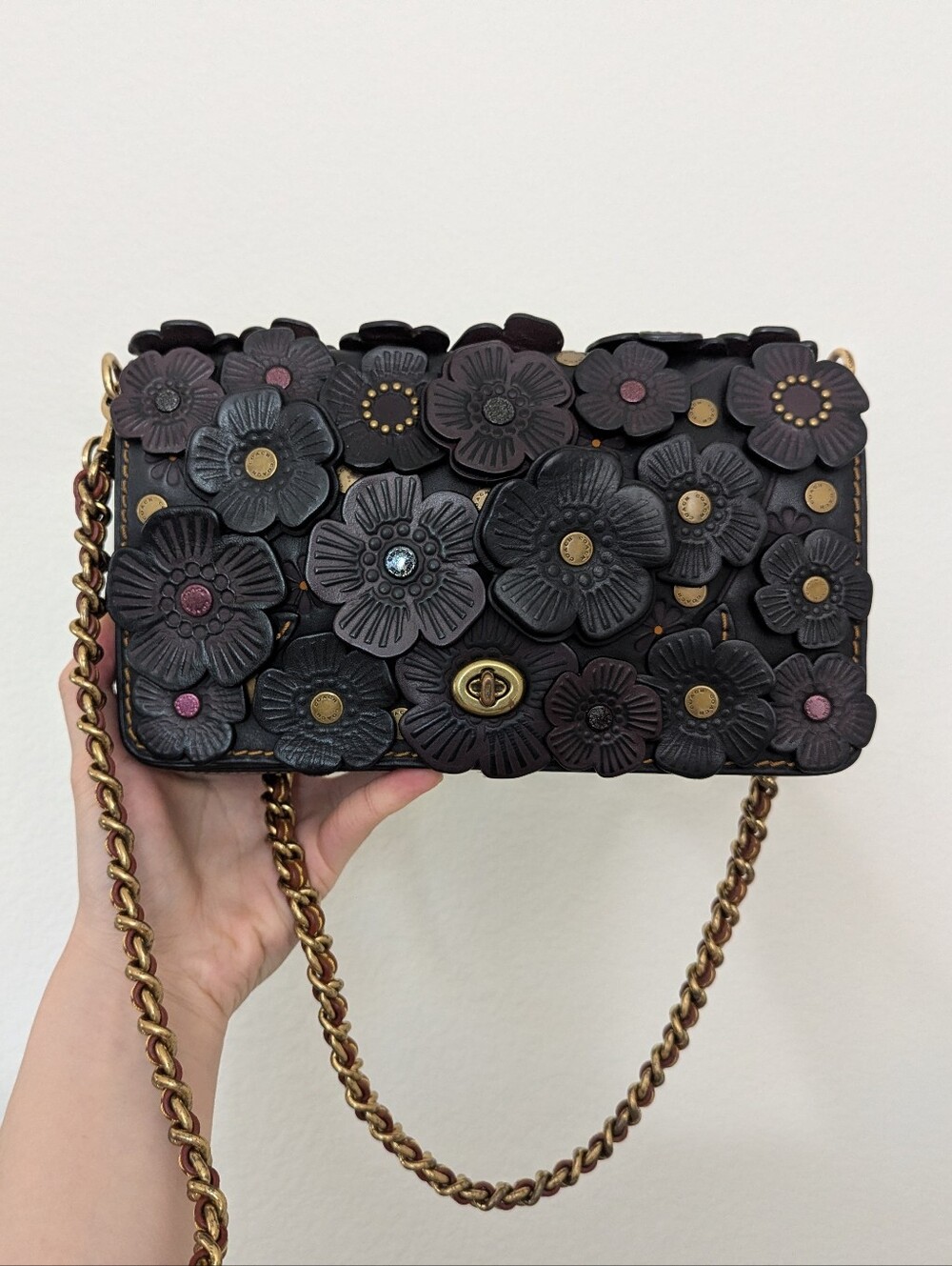 Coach 1941 Dinky Tea Rose Black Glovetanned Leather Floral Crossbody